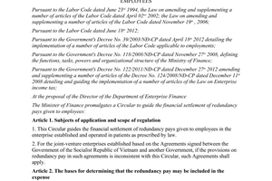 Circular No. 180/2012/TT-BTC guiding the financial settlement of redundancy pays