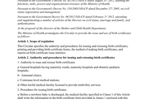 Circular No. 17/2012/TT-BYT  on the issue and use of birth certificates