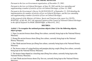 Decision No. 1426/QD-TTg on recognization of national precious objects