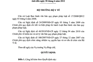 Quyết định 3707/QĐ-BYT năm 2012 công bố danh mục văn bản quy phạm pháp luật