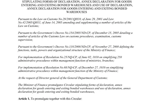Circular No. 183/2012/TT-BTC declaration annex declaration for goods