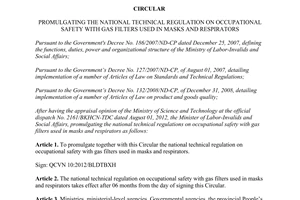 Circular No.25/2012/TT-BLDTBXH regulation on occupational safety with gas filters used in masks and respirators