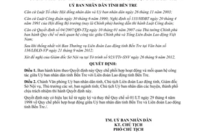 Quyết định 2134/QĐ-UBND 2012 Quy chế phối hợp Uỷ ban nhân dân Liên đoàn Lao động Bến Tre