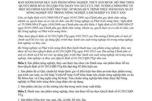 Thông tư 53/2012/TT-BNNPTNT Danh mục sản phẩm nông nghiệp thủy sản được hỗ trợ