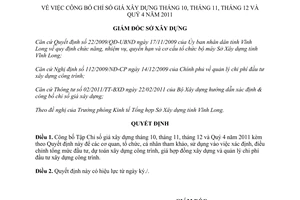 Quyết định 154/QĐ-SXD 2012 Chỉ số giá xây dựng tháng 10 11 12 Quý 4 năm 2011 Vĩnh Long