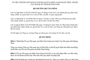 Quyết định 2702/QĐ-BTC năm 2012 thành lập Chi cục Hải quan cửa khẩu Nam Giang