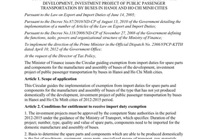 Circular No. 185/2012/TT-BTC guiding exemption from import duties for spare part