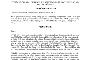 Quyết định 1469/QĐ-TTg năm 2012 hỗ trợ kinh phí khắc phục hậu quả mưa lũ lốc