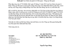 Công văn 9361/BGTVT-VT quản lý chất lượng thiết bị phụ tùng vật tư tàu bay nhập