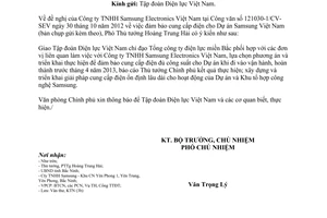 Công văn 8998/VPCP-KTN đảm bảo cung cấp điện cho Dự án Sam sung Việt Nam