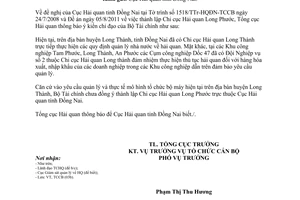 Công văn 6349/TCHQ-TCCB thành lập Chi cục Hải quan Long Phước