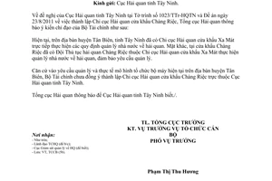 Công văn 6350/TCHQ-TCCB thành lập Chi cục Hải quan cửa khẩu Chàng Riệc