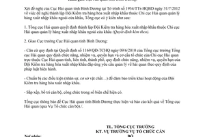 Công văn 6362/TCHQ-TCCB thành lập Đội thuộc Chi cục Hải quan