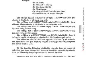 Công văn 835/SXD-QLXD 2012 giá nhân công ca máy thiết bị thi công tháng 11 năm 2012 Bạc Liêu