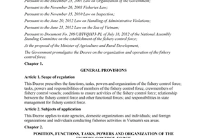 Decree No. 102/2012/ND-CP on the organization and operation of the fishery contr