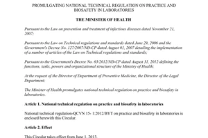 Circular 25/2012/TT-BYT national technical regulation on practice and biosafety in laboratories