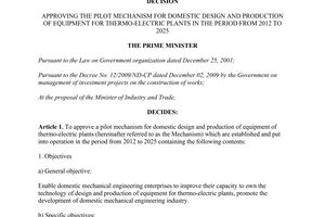 Decision 1791/QD-TTg pilot mechanism domestic design production of equipment for thermo electric plants