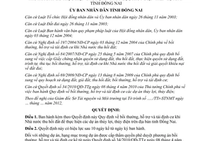 Quyết định 71/2012/QĐ-UBND bồi thường hỗ trợ tái định cư khi Nhà nước thu hồi