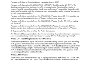 Circular No. 208/2012/TT-BTC amending the preferential import tax rates on commo
