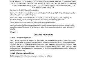 Circular No. 26/2012/TT-BYT stipulating on grant of certificate of food safety