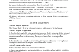 Circular No. 46/2012/TT-BGTVT on driver training driving tests and issuance of driving licenses