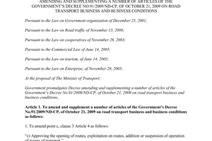 Decree No. 93/2012/ND-CP amending and supplementing Decree No.91/2009/ND-CP