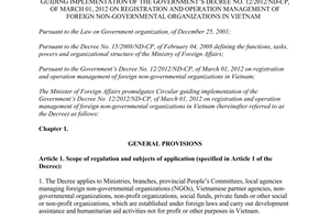 Circular No. 05/2012/TT-BNG of November 12, 2012, guiding implementation of the Government’s Decree No. 12/2012/Nd-Cp, of March 01, 2012 on registration and operation management of foreign non-governmental organizations in Vietnam