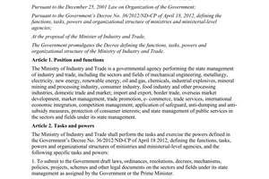 Decree No. 95/2012/ND-CP defining the functions, tasks, powers and organizationa
