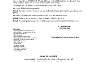 Thông tư 121/2012/TT-BQP QCVN 01:2012/BQP Quy chuẩn kỹ thuật quốc gia rà phá bom