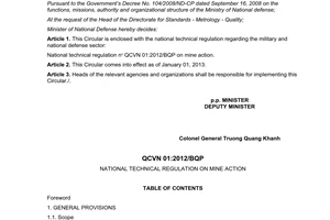 Circular 121/2012/TT-BQP the promulgation of the national technical QCVN 01 2012 BQG on mine action