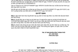 Quyết định 2050/2012/QĐ-UBND Quy định dạy học thêm trên địa bàn Hải phòng