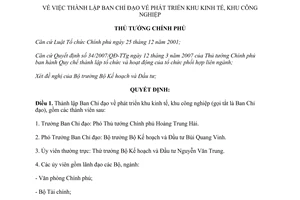 Quyết định 1716/QĐ-TTg năm 2012 thành lập Ban Chỉ đạo phát triển khu kinh tế