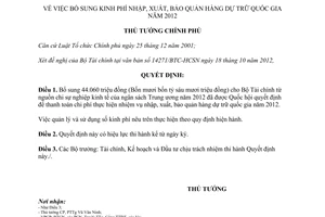 Quyết định 1704/QĐ-TTg năm 2012 bổ sung kinh phí nhập xuất bảo quản hàng dự trữ