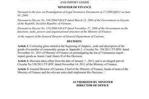 Decision No. 2914/QD-BTC correcting 156/2011/TT-BTC promulgating the list oexport import goods