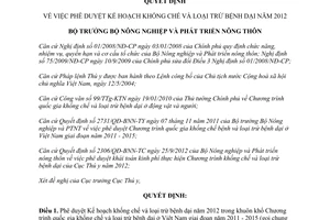 Quyết định 2891/QĐ-BNN-TY năm 2012 phê duyệt Kế hoạch khống chế loại trừ bệnh