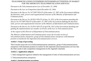 Circular No. 18/2012/TT-BTTTT on list of telecommunications enterprises group