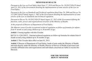 Circular No. 22/2012/TT-BYT follow-up formulas for infants from 6th month on and young children up to 36 months of age