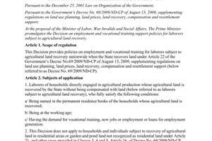 Decision No. 52/2012/QD-TTg of November 16, 2012, on employment and vocational training support policies for laborers subject to agricultural land recovery