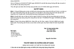 Quyết định 1705/QĐ-UBND năm 2012 bảng giá ca máy và thiết bị thi công Lạng Sơn
