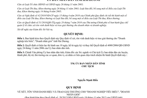 Quyết định 20/2012/QĐ-UBND xét tôn vinh danh hiệu trao giải thưởng Doanh nghiệp