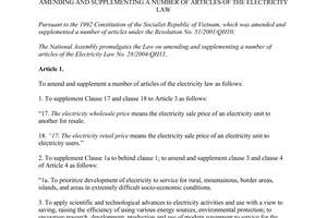 Law amending and supplementing a number of articles of the Electricity Law