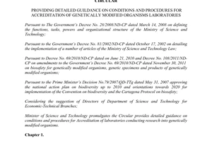 Circular 20/2012/TT-BKHCN 2012 conditions Accreditation genetically modified organisms laboratories