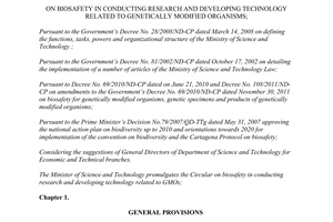 Circular 21/2012/TT-BKHCN biosafety research developing technology related genetically organisms