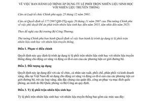 Quyết định 53/2012/QĐ-TTg lộ trình áp dụng tỷ lệ phối trộn nhiên liệu sinh học