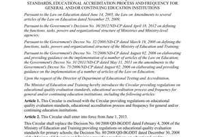 Circular 42/2012/TT-BGDDT regulation seducational quality evaluation standards accreditation process frequency