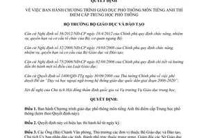 Quyết định 5209/QĐ-BGDĐT năm 2012 Chương trình giáo dục phổ thông môn tiếng Anh