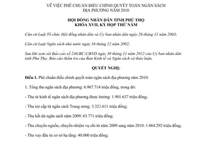 Nghị quyết 18/2012/NQ-HĐND điều chỉnh quyết toán ngân sách địa phương Phú Thọ năm 2010
