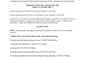 Nghị quyết 21/2012/NQ-HĐND phê chuẩn quyết toán ngân sách nhà nước 2011 Quảng Trị