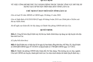 Quyết định 3807/QĐ-UBND năm 2012 công bố thủ tục hành chính lĩnh vực đô thị cấp huyện tỉnh Lào Cai