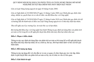 Thông tư 29/2012/TT-BKHCN nội dung Báo cáo phân tích an toàn sơ bộ trong hồ sơ